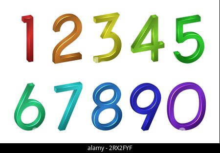 Bunte Sammlung Anzahl isometrischer mathematischer Figuren, Symbole, Schriftart in 3D auf weißem Hintergrund. Vektorillustration mit digitalen geometrischen Zeichen Stock Vektor