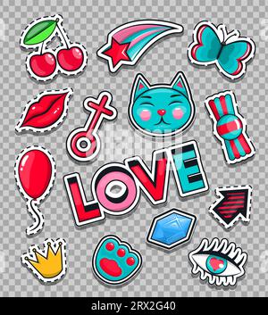 Mode Icons Kollektion Set von Aufklebern, Pop Art im Stil der 80th, 90th Vector Illustration isoliert auf transparentem Hintergrund. Animation, Liebe, Stock Vektor