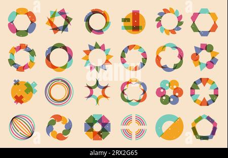 Riso abstrakte Formen. Geometrische abstrakte Linolschnitt-Stempel und -Drucke, minimalistische zeitgenössische dekorative Elemente. Vector 90er Jahre Kunstset. Bunte, isolierte Kunstwerke verschiedener Formen Stock Vektor