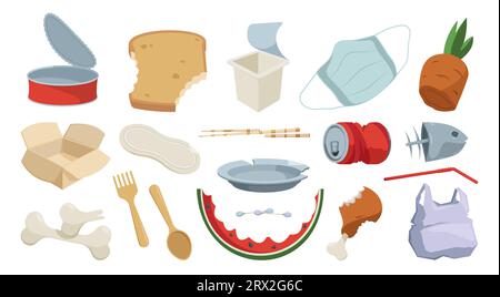 Abfallsammlung. Recycling von Kunststoffabfällen aus Glas und Papier, Kompostierung von organischem Müll, umweltfreundliche Müllentsorgung. Vektor-isolierter Satz organischer Illustration aus recyceltem Kunststoff Stock Vektor