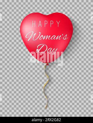 Ballons mit den Worten Happy Women's Day. Dekoratives, festliches isoliertes Element in Herzform auf transparentem Hintergrund für Ihre Projekte. Stock Vektor
