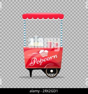 Popcornwagen, Kiosk auf Rädern, Einzelhändler, Süßigkeiten und Süßwaren sowie flache, isolierte Vektordarstellung auf transparentem Hintergrund. Sn Stock Vektor