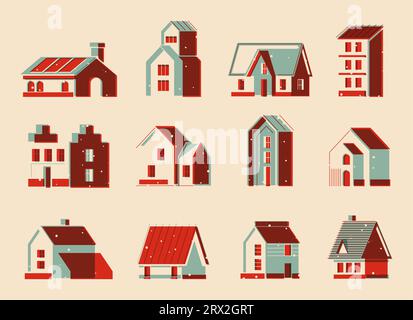 Riso-Druckhäuser. Cartoon niedliche Wohngebäude, städtisches Anwesen und Stadthäuser, alte farbenfrohe Architektur. Vektor-isoliertes Set. Wohngebäude im Freien, Wohnblock Stock Vektor