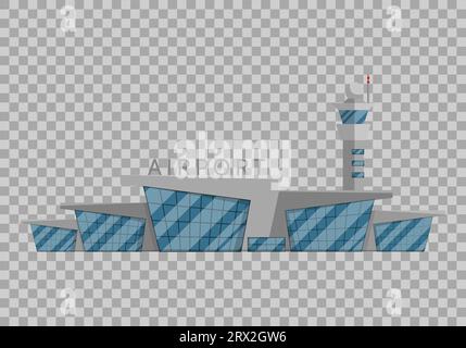 Das Flughafengebäude ist im flachen Stil auf einer transparenten Hintergrundvektorillustration isoliert. Moderner Flughafen, fliegende Fahrzeuge, Reisen in andere Länder Stock Vektor