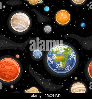 Vector Space Seamless Pattern, quadratischer Wiederholungshintergrund mit Illustration verschiedener Planeten und Sterne für Geschenkpapier oder Bettwäsche Design, dekorieren Stock Vektor