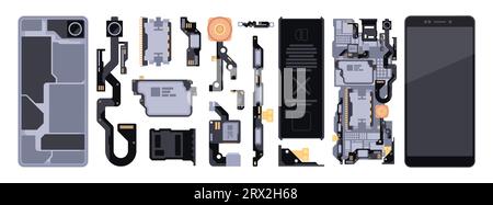 Demontage-Teile des Telefons. Smartphone offen und geschlossen, Mobilgerät mit Kamera und Speicherelementen, elektronischer Gerätedienst. Vektorsatz. Reparatur von Mobiltelefonkomponenten, elektronischer Service Stock Vektor