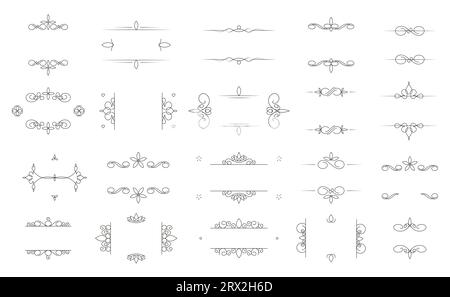 Dekorative Zierteiler. Luxuriöse Vintage-Rahmen für Hochzeitseinladungen, luxuriöse klassische Borten für filigranen, eleganten Text. Vektorsatz. Blumendesign mit abstrakten Schnörkeln für Grußkarten Stock Vektor