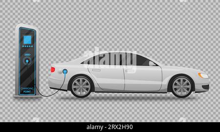 Elektrische Autoladestation und Banner isoliert auf transparentem Hintergrund Vektor-Illustration. Elektrizität umweltfreundliche Fahrzeuge der Zukunft, A Stock Vektor