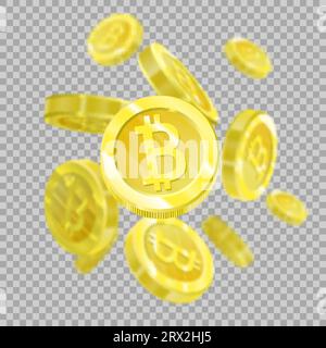 Bitcoins auf transparentem Hintergrund isoliert, da die Bitcoins vom Himmel fallen. Kryptwährung der Zukunft, Bergbau, elektronische Zahlungen Stock Vektor