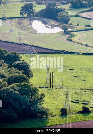 Hochspannungskabel, hängen an Stahlpylonen, gehen nach Westen, über grüne Felder und landwirtschaftliches Ackerland im landschaftlich reizvollen ländlichen England, Reflec Stockfoto