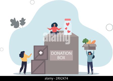 Comic winzige Menschen spenden Geld, lieben Herzen und helfen der Spendenbank, Freiwillige geben Kisten mit humanitärer Hilfe an gemeinnützige Organisationen Stock Vektor