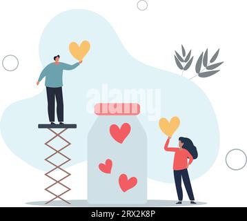 Zeichentrickfigur kleine Menschen, die Herzen halten, um sie in das Spendenglas zu werfen. Flache Vektorillustration Stock Vektor