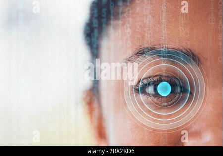 Cyber Security, Frau und Auge Scan Portrait für Gesichtserkennung und biometrische Prüfung. Identitätsscanner, Netzhautüberwachung und Sicherheitssystem für Stockfoto