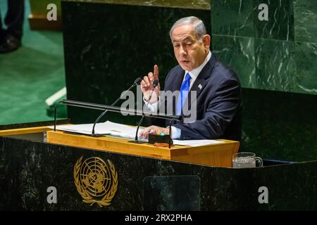 New York, USA. September 2023. Der israelische Premierminister Benjamin Netanjahu spricht vor der 78. Generalversammlung der Vereinten Nationen im Hauptquartier der Vereinten Nationen. Quelle: Enrique Shore/Alamy Live News Stockfoto