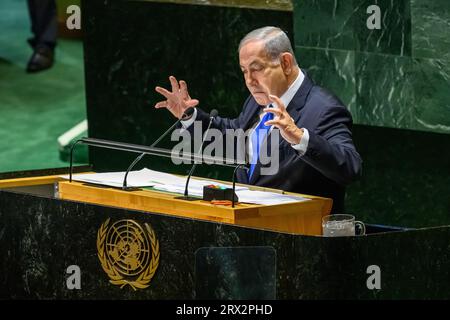 New York, USA. September 2023. Der israelische Premierminister Benjamin Netanjahu spricht vor der 78. Generalversammlung der Vereinten Nationen im Hauptquartier der Vereinten Nationen. Quelle: Enrique Shore/Alamy Live News Stockfoto