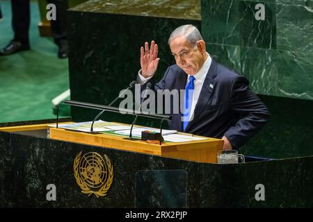 New York, USA. September 2023. Der israelische Premierminister Benjamin Netanjahu spricht vor der 78. Generalversammlung der Vereinten Nationen im Hauptquartier der Vereinten Nationen. Quelle: Enrique Shore/Alamy Live News Stockfoto