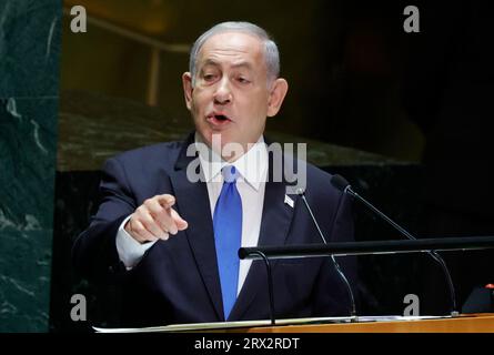 New York, Usa. September 2023. Der israelische Premierminister Benjamin Netanyahu spricht auf der 78. Tagung der UN-Generalversammlung in der Halle der UN-Generalversammlung am 22. September 2023 in New York City. Foto von John Angelillo/UPI Credit: UPI/Alamy Live News Stockfoto