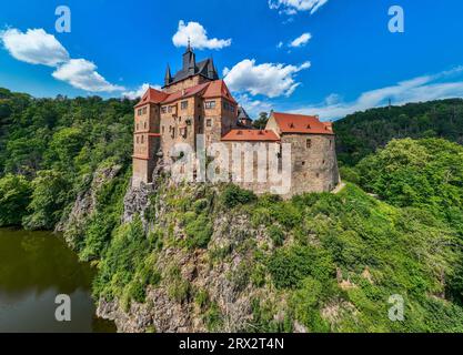 Aus der Luft des Schlosses Kriebstein, am Fluss Zschopau, Kriebstein, Sachsen, Deutschland, Europa Stockfoto