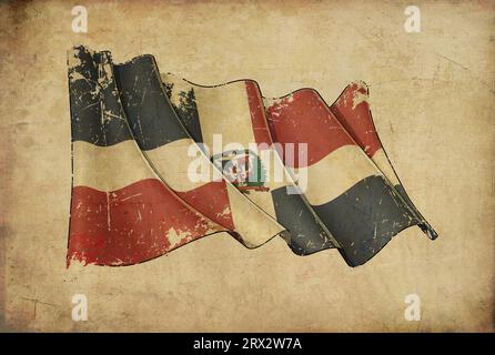 Texturierter, altersalter Papyrus-Hintergrund mit einer zerkratzten Illustration der wehenden Flagge der Dominikanischen Republik Stockfoto