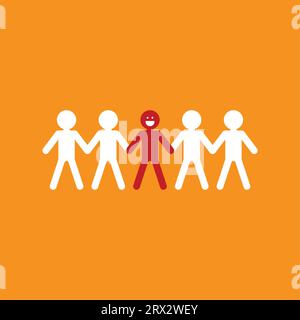 Lächelnde Menschen, die Hände halten. Glückliche Menschen, die in Reihe stehen. Glück und Freundschaft. Flache Zeichentrickfiguren isoliert auf orangem Hintergrund. Stock Vektor