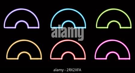 Setzen Sie geometrische halbkreisförmige leuchtende Desktop-Symbole, geometrische Neon-Halbkreisaufkleber, Neon-Figuren, leuchtende Figuren, geometrische Neon-Figuren Stockfoto