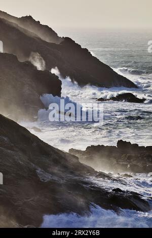 Atlantikklippen, die bei stürmischem Winterwetter von Wellen und Sprühnebel durchschlagen werden, in Pendeen, nahe S.t Just, im äußersten Westen von Cornwall, England Stockfoto