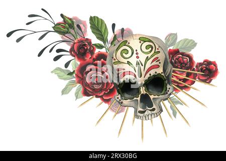 Menschlicher Schädel mit Ornament, rote Rosen in goldener Krone. Handgezeichnete Aquarellillustration für Halloween, Day of the Dead, Dia de los muertos Stockfoto