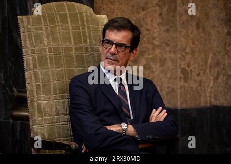 Porto, Portugal. September 2023. Rui Moreira, Präsident des Stadtrates von Porto, wurde bei einer feierlichen Zeremonie bei der Übergabe der Schlüssel der Stadt Porto im Salão Nobre der Pacos do Concelho gesehen. (Foto: Rita Franca/SOPA Images/SIPA USA) Credit: SIPA USA/Alamy Live News Stockfoto