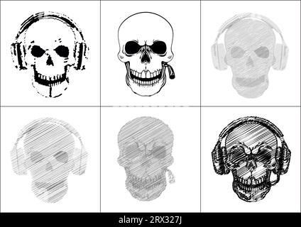 Set aus einem weißen menschlichen Schädel mit schwarzen Augen, Zigarette und Ohrhörer Stock Vektor