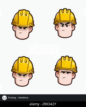 Symbolsatz eines Bauarbeiters mit emotionalen Ausdrucksvarianten. Alle Elemente sind auf gut beschriebenen Ebenen und Gruppen übersichtlich. Stock Vektor