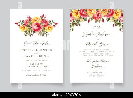 Vintage Floral Hochzeitseinladung, Save the Date, rote und gelbe Rosen Blumen, antike Hochzeit mit Aquarellblumen. Stock Vektor