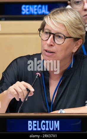 New York, USA. September 2023. Caroline Gennez, Ministerin für Entwicklungszusammenarbeit und Metropolitanpolitik, stellte auf der 78. Tagung der Generalversammlung der Vereinten Nationen (UNGA78) in New York City, Vereinigte Staaten von Amerika, Freitag, den 22. September 2023, eine Ministerkonsultation zum Thema "Finanzierungsregelungen für die Reaktion auf Verluste und Schäden" vor. BELGA PHOTO BENOIT DOPPAGNE Credit: Belga News Agency/Alamy Live News Stockfoto