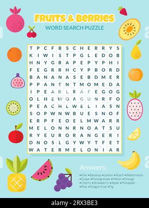 Wortsuche Puzzle mit Früchten und Beeren. Stock Vektor