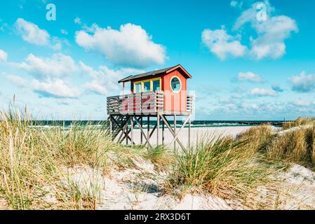 Roter hölzerner Rettungsschwimmer-Aussichtsturm auf Stelzen an der Strandbar in den Sanddünen am Strand Skanör med Falsterbo in der Morgensonne, Skåne, Schweden Stockfoto