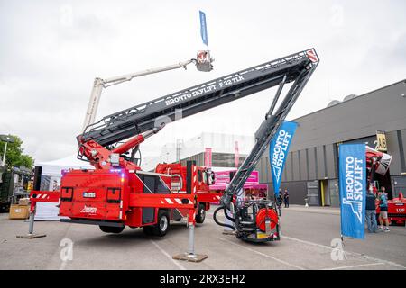 Wels, Österreich. 22. September 2023. „Die österreichische Leitmesse für Einsatzorganisationen“ Rettungskongress „Retter Messe Wels“ zeigt die neuesten Entwicklungen in den Bereichen Brandbekämpfung, Rettungs- und Polizeitechnik, Bronto Skylift ©Andreas Stroh Credit: Andreas Stroh/Alamy Live News Stockfoto