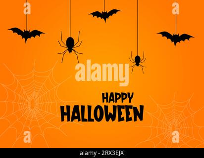 Happy Halloween Banner mit Spinnen und Fledermäusen auf orangem Hintergrund. Bunte Vektorillustration im Cartoon-Stil. Stock Vektor