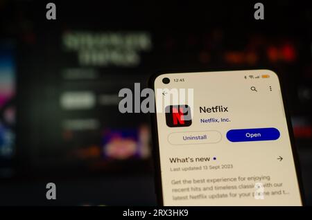 Vigo, Spanien. 09 22 2023: Smartphone mit dem Netflix App Installer auf dem Bildschirm Stockfoto