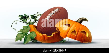 Herbst Football Season und Thanksgiving Sport als amerikanische Sportart während der Herbstsaison oder Field Goal und Touchdown mit Halloween geschnitzten Kürbis Stockfoto