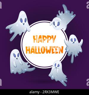 Happy Halloween Poster mit niedlichen Geistern auf dunklem Hintergrund. Trick oder Belohnung. Quadratische Form. Bunte Vektorillustration im Cartoon-Stil. Stock Vektor