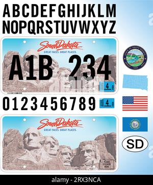 South Dakota Autokennzeichen neuer Stil 2023, Buchstaben, Zahlen und Symbole, Vektorillustration, USA Stock Vektor