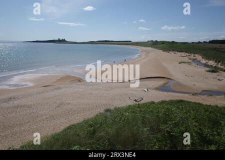 Low Newton, Großbritannien - 13. Juli 2023: Blick auf Dunstanburgh Castle und die Küste von Northumbria, Low Newton by the Sea Stockfoto