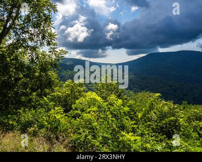 Shenandoah Valley Vista vom Shenandoah National Park, Virginia, USA, mit herannahenden dramatischen Wolken. Stockfoto