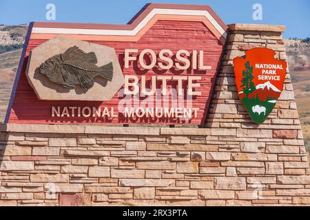 Schild am Fossil Butte National Monument im Südwesten von Wyoming. Das Fossil Butte National Monument wird vom National Park Service verwaltet. Stockfoto