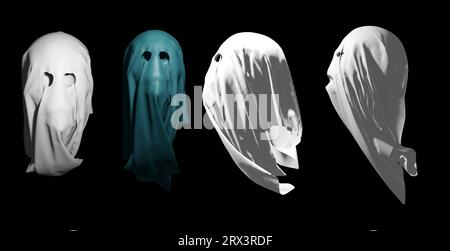 Set aus schwarz-weißen gruseligen Halloween-Geistern. 3D-Rendering-Illustration. Stockfoto