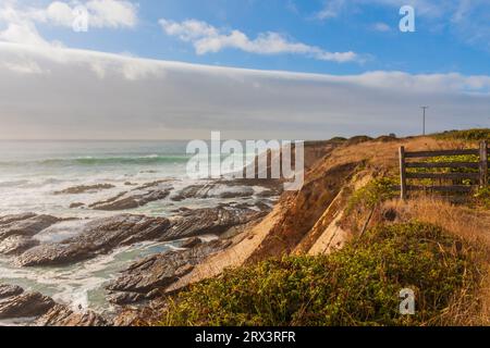 Weiße, rauschende Wellen und hohe Wellen mit Sturm kommen auf der Point Arena Lighthouse-Halbinsel an der felsigen pazifikküste Kaliforniens. Stockfoto