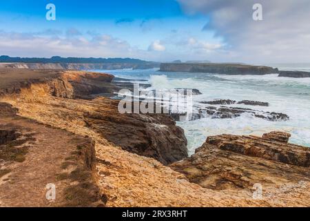 Weiße, rauschende Wellen und hohe Wellen mit Sturm kommen auf der Point Arena Lighthouse-Halbinsel an der felsigen pazifikküste Kaliforniens. Stockfoto