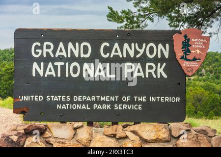 Schild am Eingang zum Grand Canyon National Park in Arizona. Stockfoto