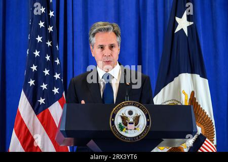 New York, USA. September 2023. Der US-Außenminister Antony blinken stellt Journalisten nach seiner Teilnahme an der 78. Generalversammlung der Vereinten Nationen vor. Quelle: Enrique Shore/Alamy Live News Stockfoto