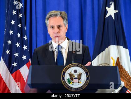 New York, USA. September 2023. Der US-Außenminister Antony blinken stellt Journalisten nach seiner Teilnahme an der 78. Generalversammlung der Vereinten Nationen vor. Quelle: Enrique Shore/Alamy Live News Stockfoto