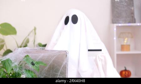 Ghost of Halloween nutzt Laptop im Internet surfen, Online-Shops durchsuchen, Märkte. Ein Geist macht eine Bestellung vom Computer für Halloween. Ghost zahlt für den Online-Kauf per Kreditkarte. Stockfoto